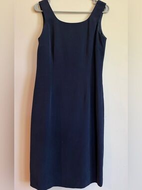 Vintage 100% Silk Navy Sleeveless Midi Shift Dress - Elegant Everyday Look